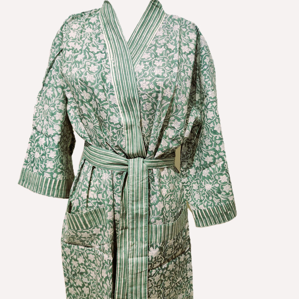 Block Print Robe Robe Cotton Block Print Floral Green – Inside Living Singapore