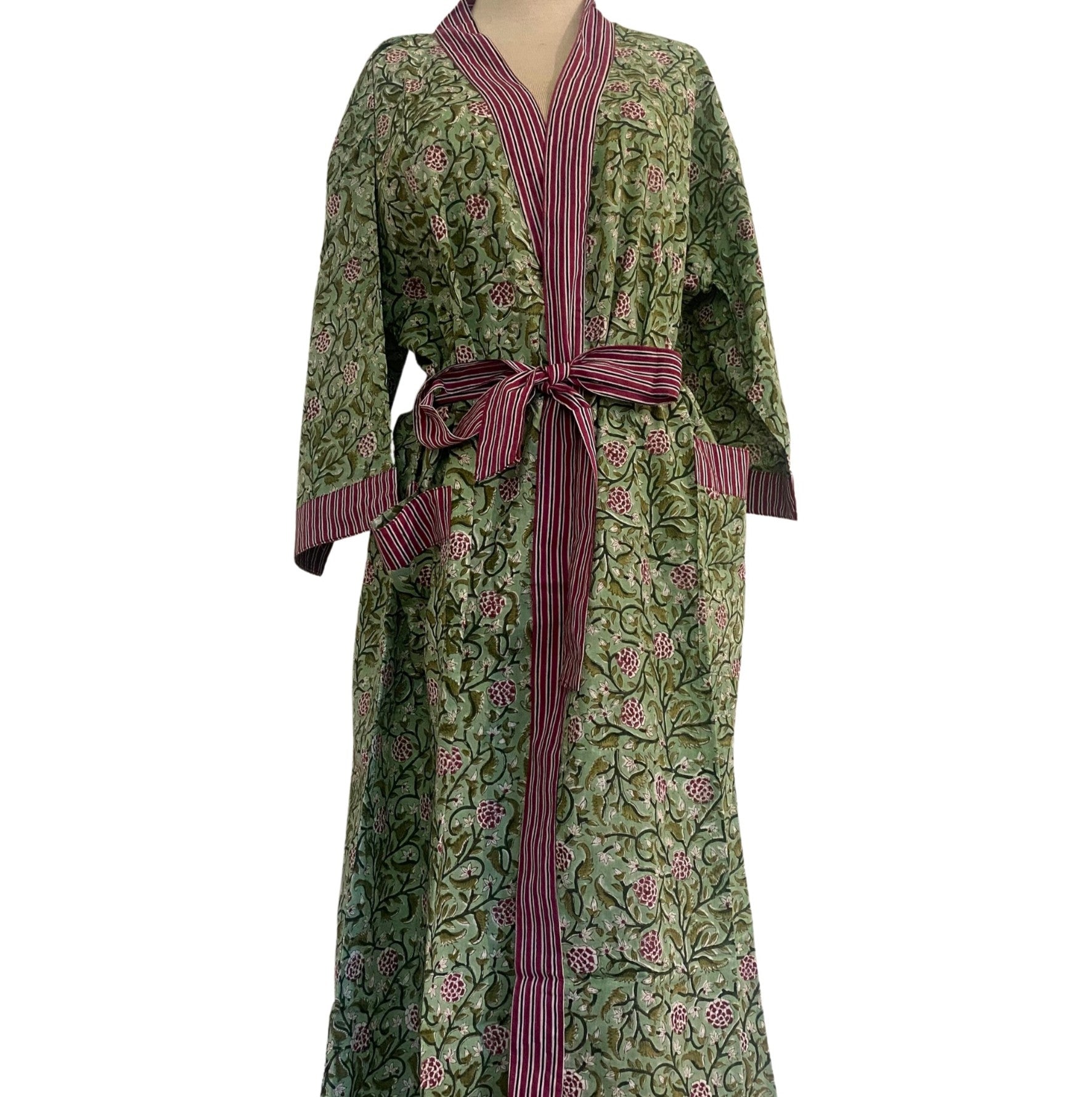 Robe Cotton Block Print Floral Sage from Inside Living Singapore, bath & body. Shown alternative angle.