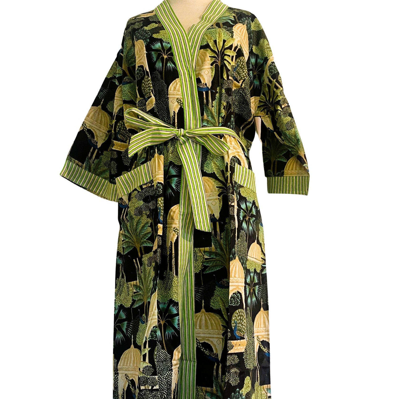 Robe Cotton Block Print Paradise Black from Inside Living Singapore. Shown close-up detail.