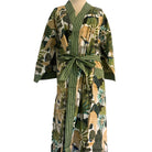 Lightweight cotton robe block-printed with peacocks in a tropical garden on white, the Paradise design