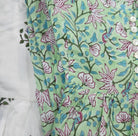 Another design of the block printed cotton sundress, showing the adjustable straps and the front mother of pearl buttons.