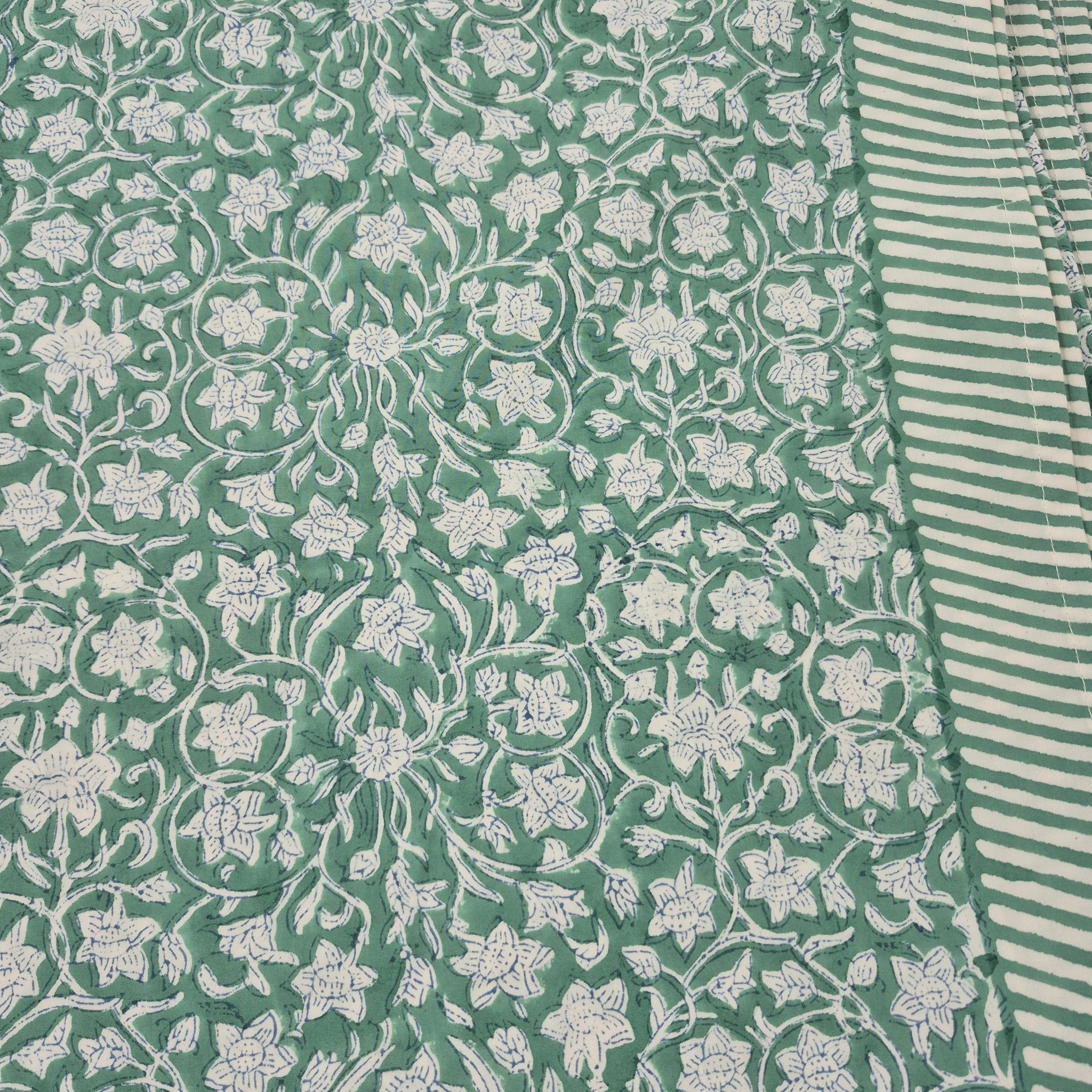 Block print cotton tablecloth in floral green, handmade hand-printed cloth for the dining table
