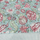 Block print cotton tablecloth in hibiscus design, handmade hand-printed cloth for the dining table