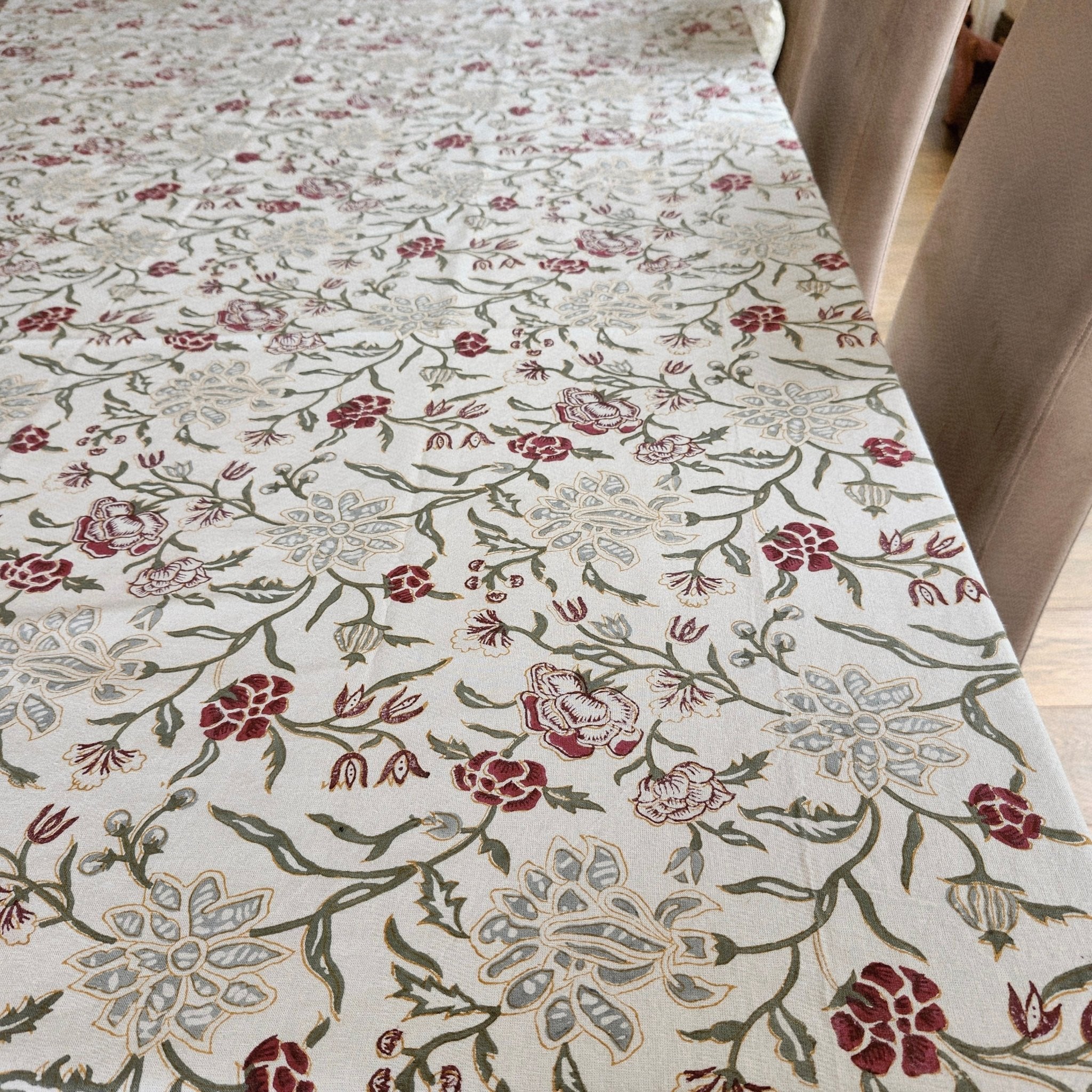 Block Print Tablecloth Silver Flower from Inside Living Singapore, alternate angle.