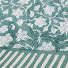 Block print cotton tablecloth in floral green, handmade hand-printed cloth for the dining table, alternative view