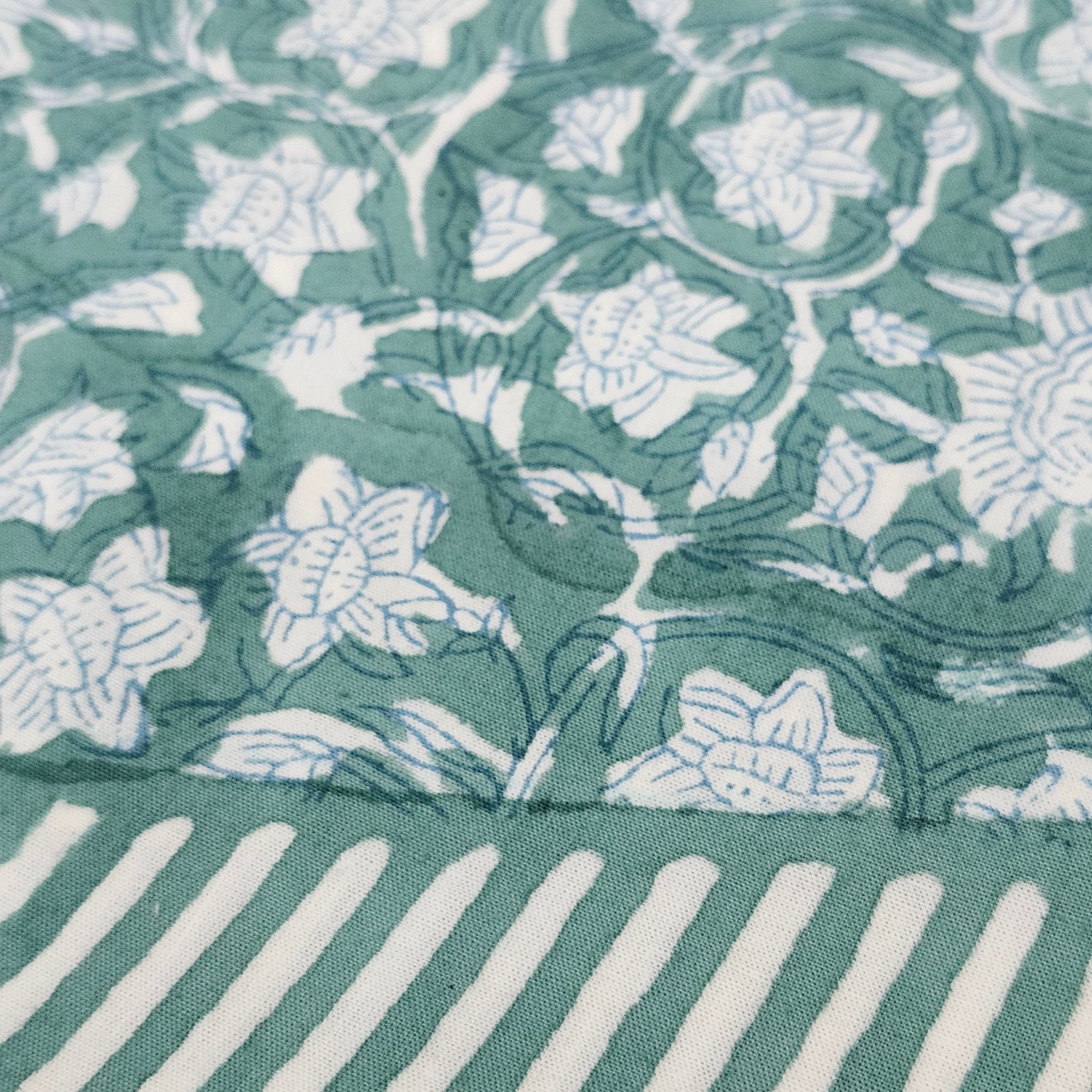 Block print cotton tablecloth in floral green, handmade hand-printed cloth for the dining table, alternative view