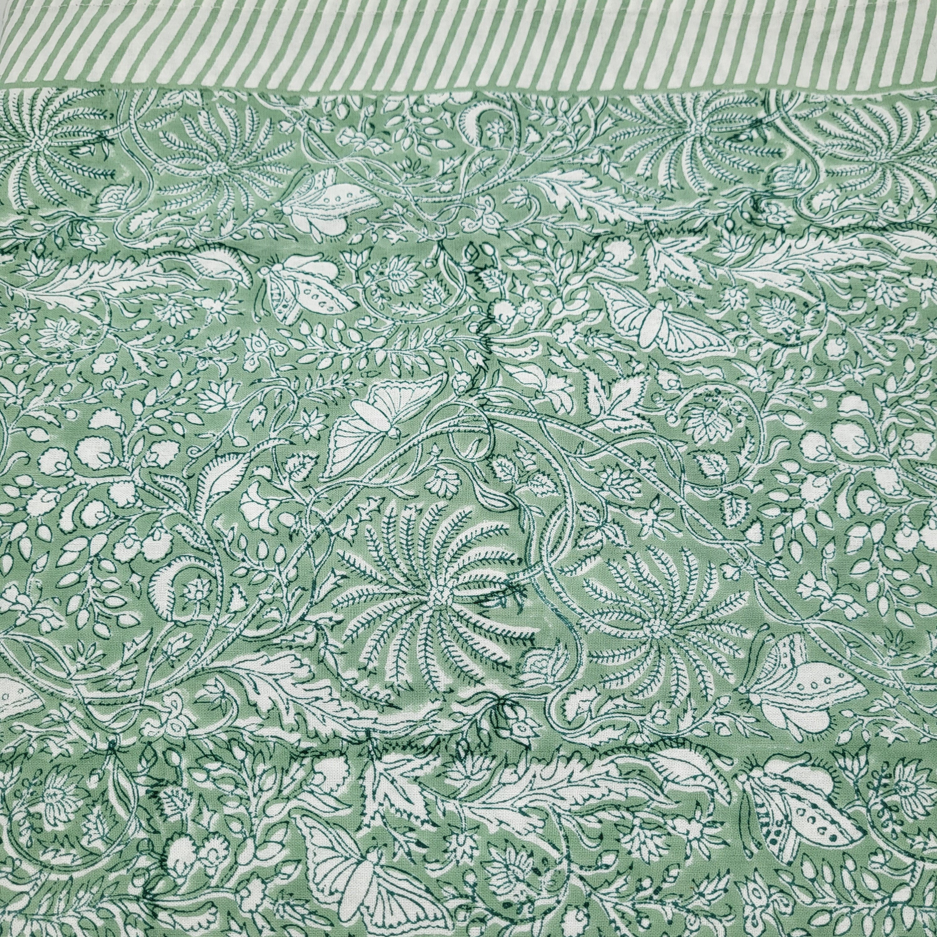 Rainforest design block print cotton tablecloth in teal, two-tone pattern, 225 x 150 cm