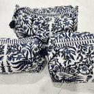 Block print cotton wash bag in floral blue, handmade toiletry and travel pouch for bathroom essentials