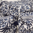 Block print cotton wash bag in floral blue, handmade toiletry and travel pouch for bathroom essentials, detail view