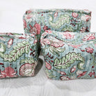Block print cotton wash bag in hibiscus design, handmade toiletry and travel pouch for bathroom essentials