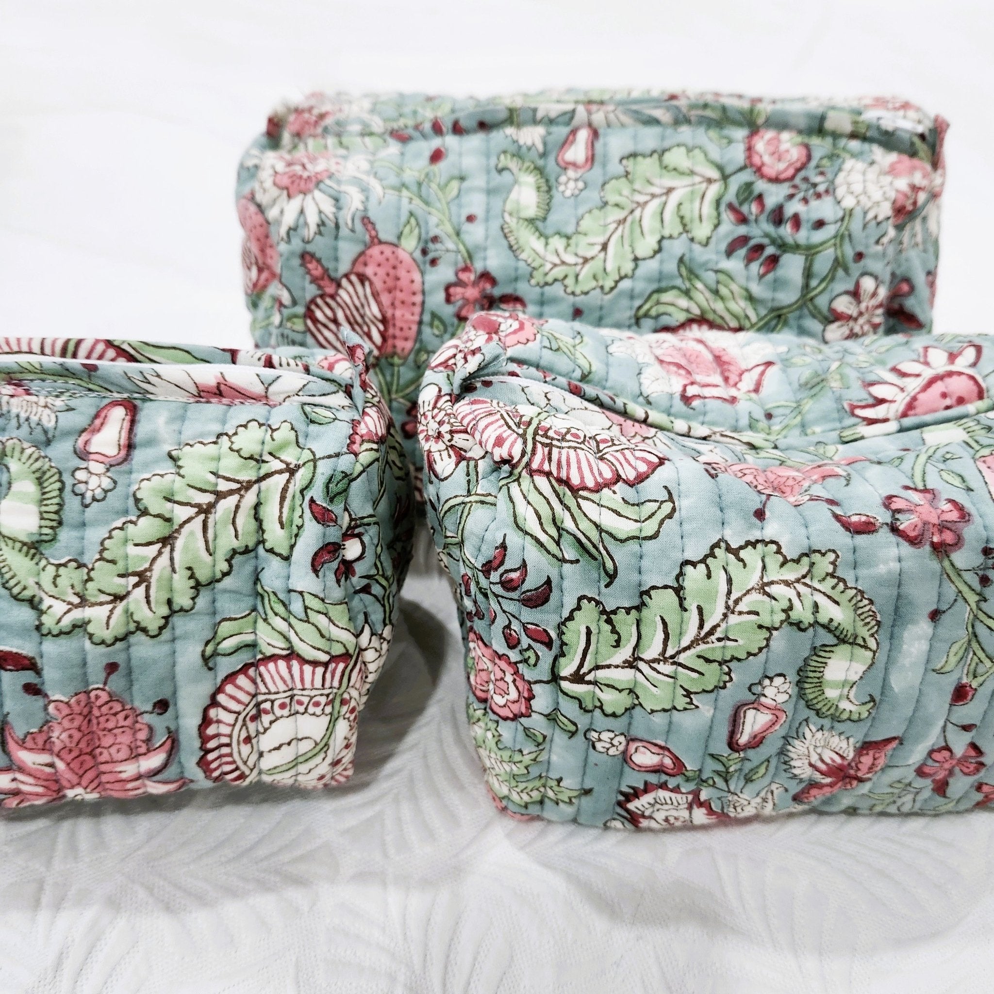 Block print cotton wash bag in hibiscus design, handmade toiletry and travel pouch for bathroom essentials