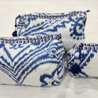 Block print cotton wash bag in ikat pattern, handmade toiletry and travel pouch for bathroom essentials