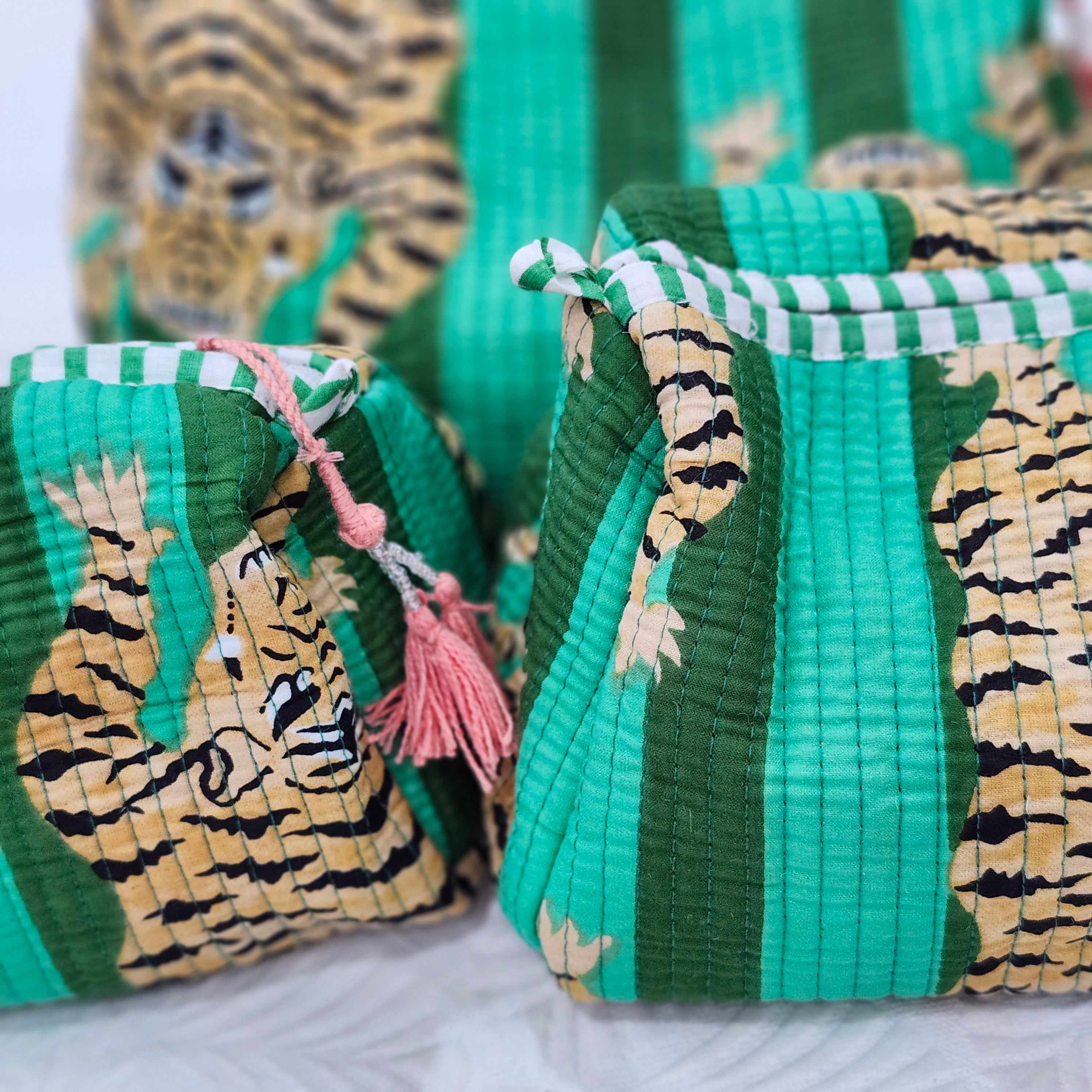 Block Print Wash Bag Tiger Emerald, detail of the design at Inside Living Singapore.