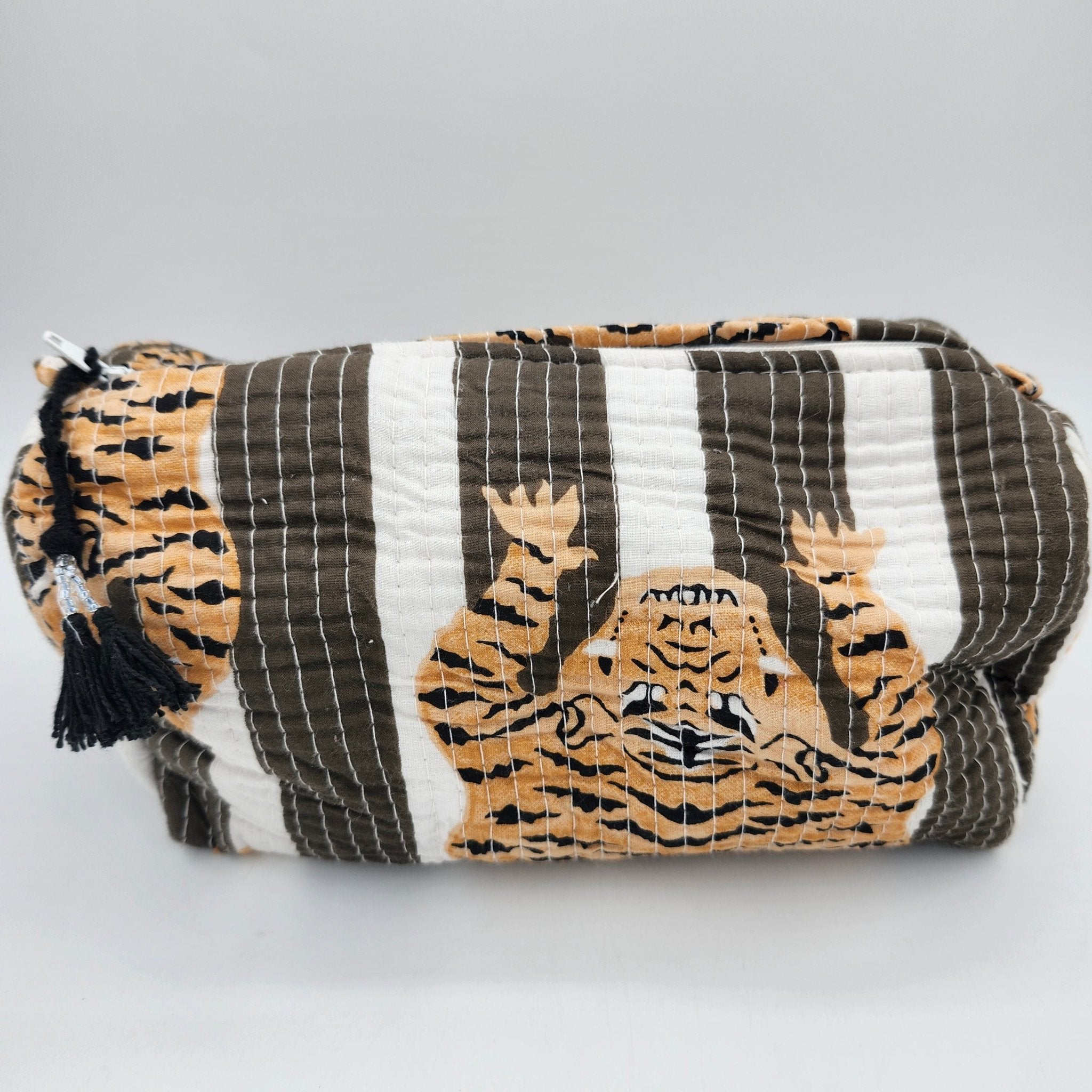 Block print cotton wash bag in taupe tiger design, handmade toiletry and travel pouch for essentials