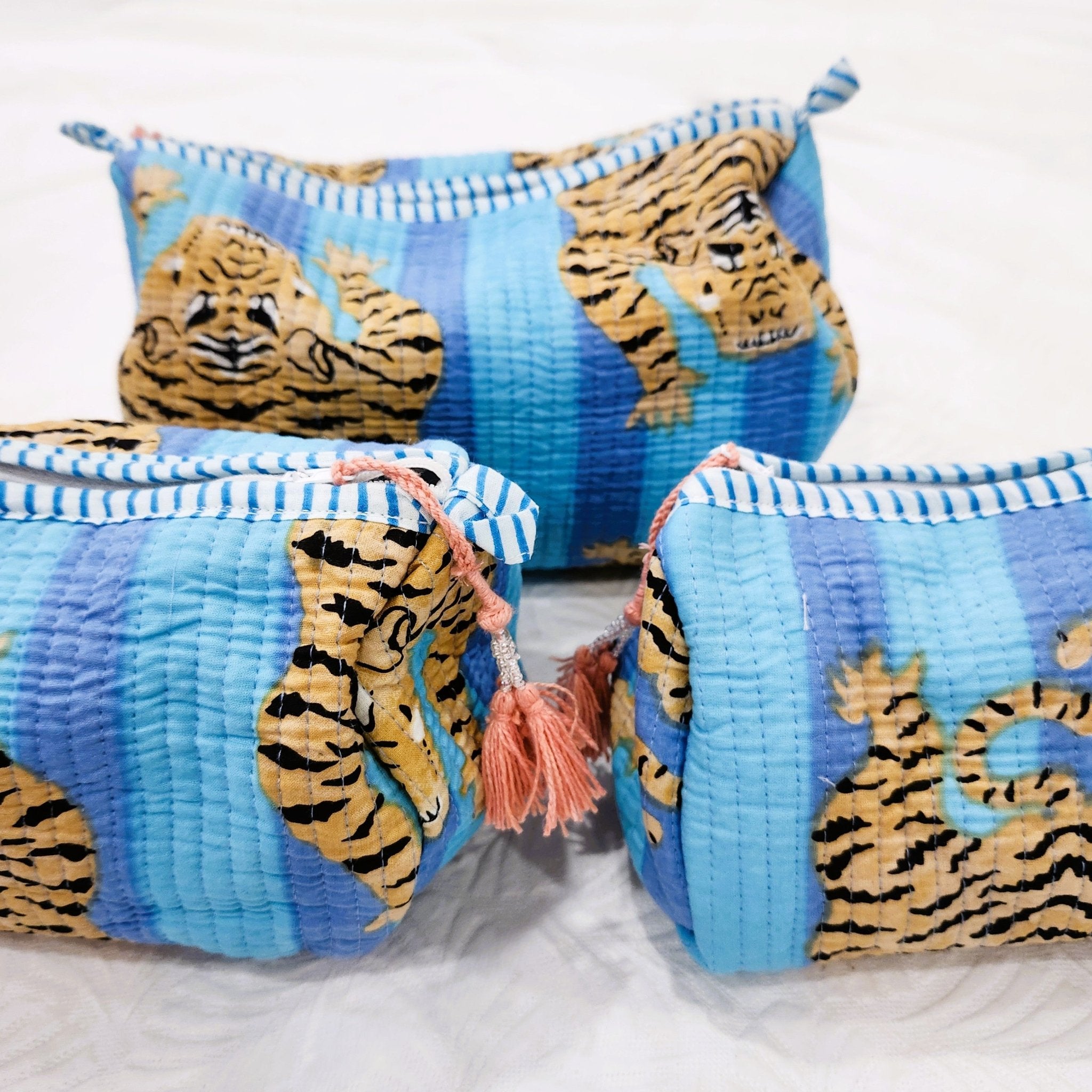Block print cotton wash bag in turquoise tiger design, handmade toiletry and travel pouch for essentials