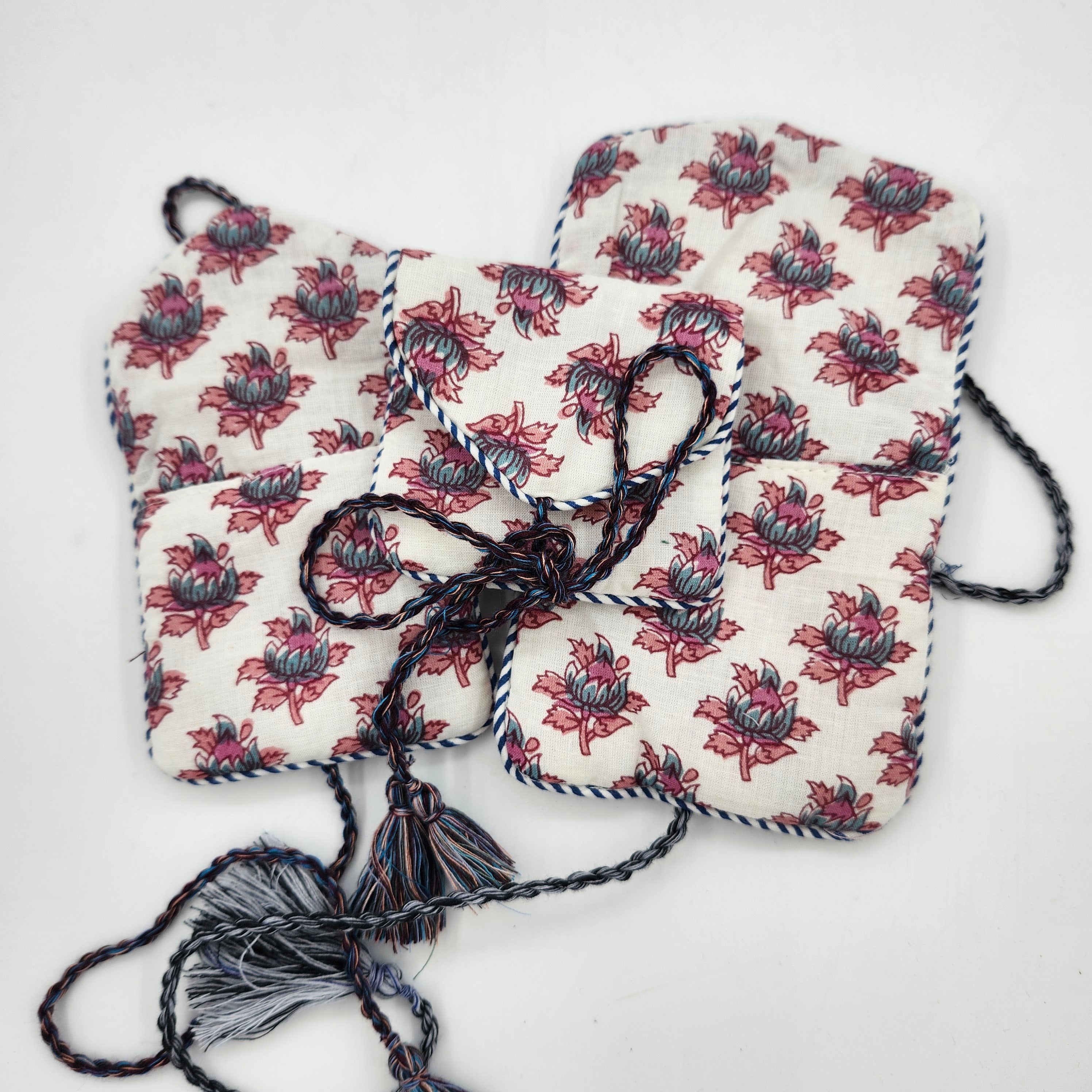 Small block print cotton drawstring pouch with tassel, in pink or green, 9 x 9 cm, for jewellery