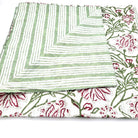 Reversible White Blossom block print cotton table runner with green stripe reverse, 35 x 250 or 40 x 300 cm