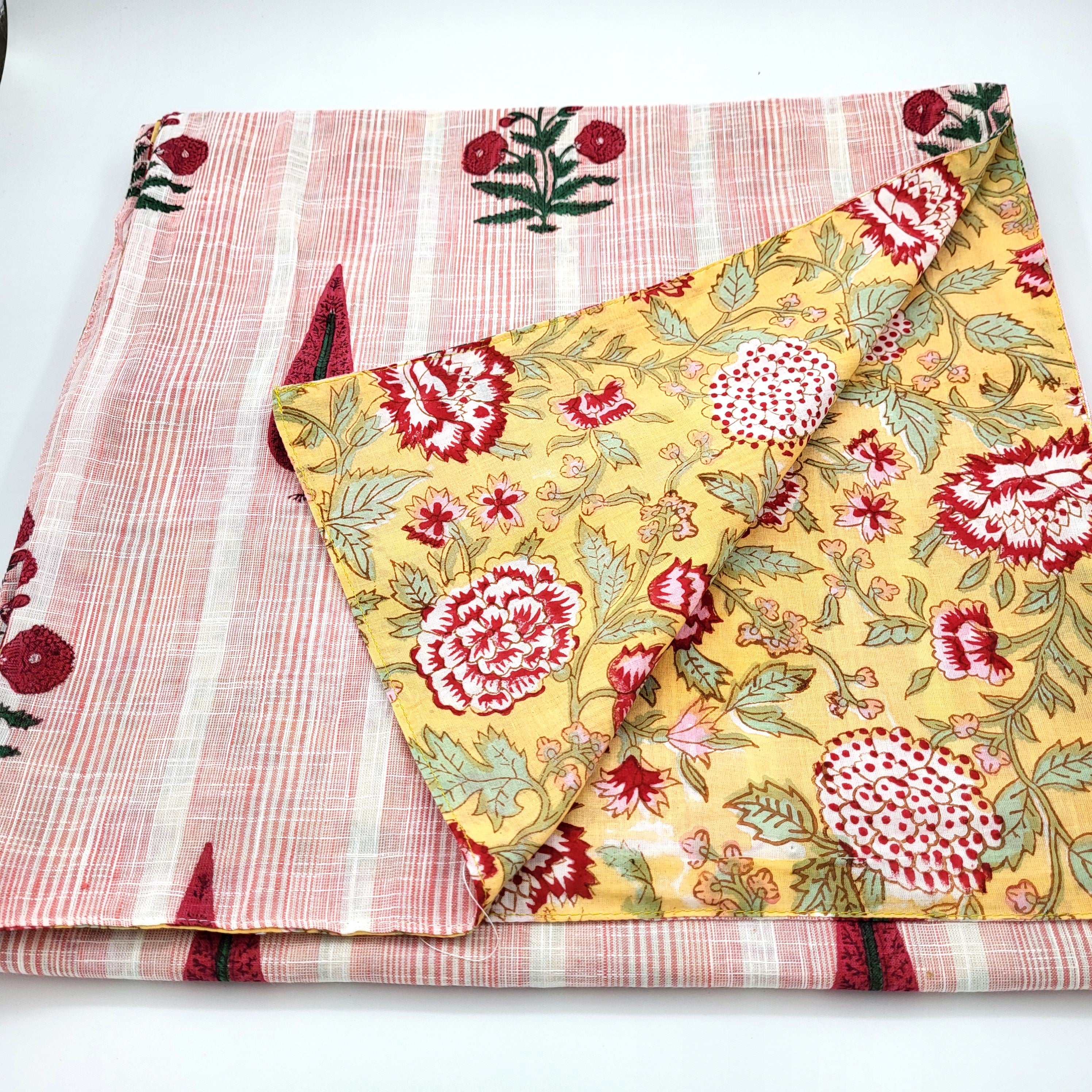 Reversible Summertime Yellow block print cotton table runner, 35 x 250 cm or 40 x 300 cm