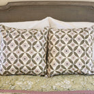 Block printed cotton cushion cover with carnation and leaf trellis, striped piping, 40 x 40 cm, hidden zip