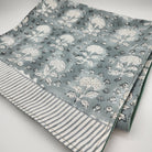 Block print cotton table runner with a white carnation on grey, plain reverse, 36 x 270 cm