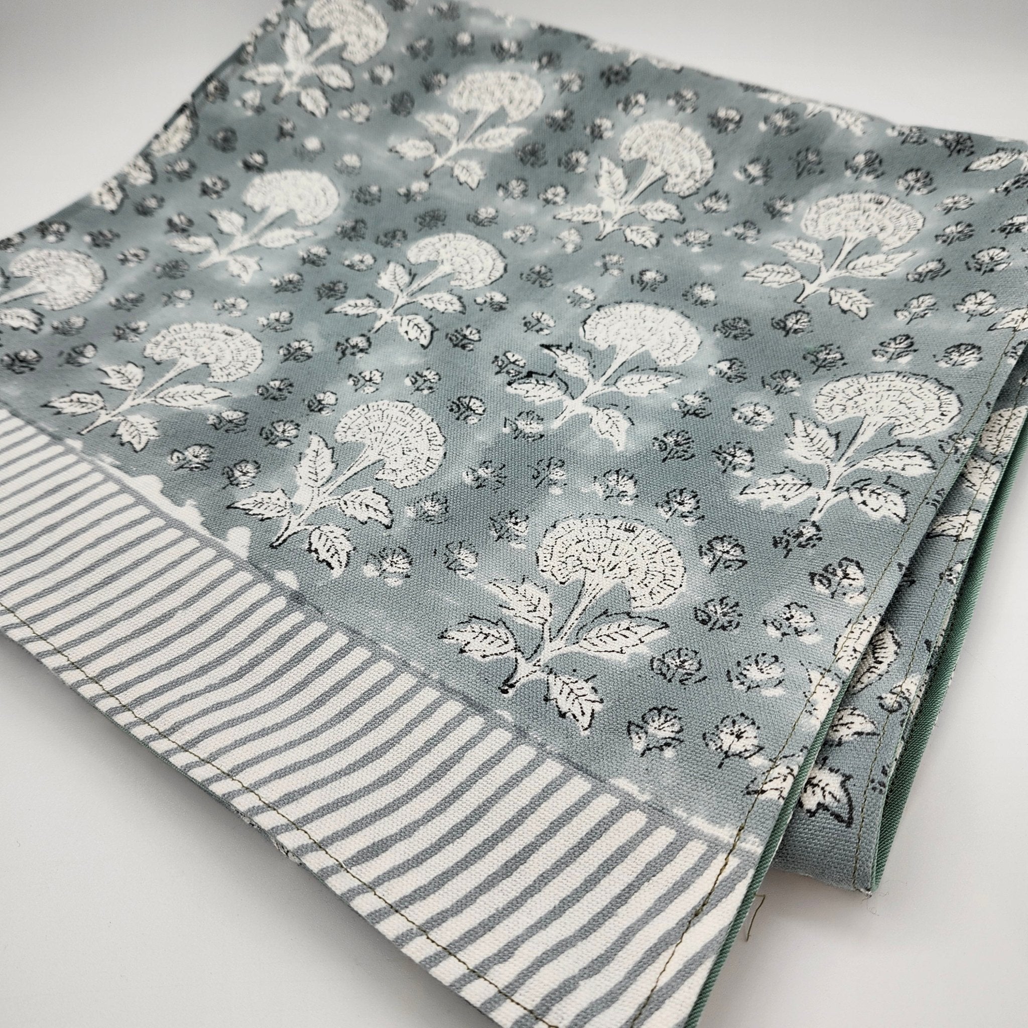 Block print cotton table runner with a white carnation on grey, plain reverse, 36 x 270 cm