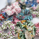 Block printed cotton hair scrunchie in assorted vibrant patterns, soft, breathable and handcrafted