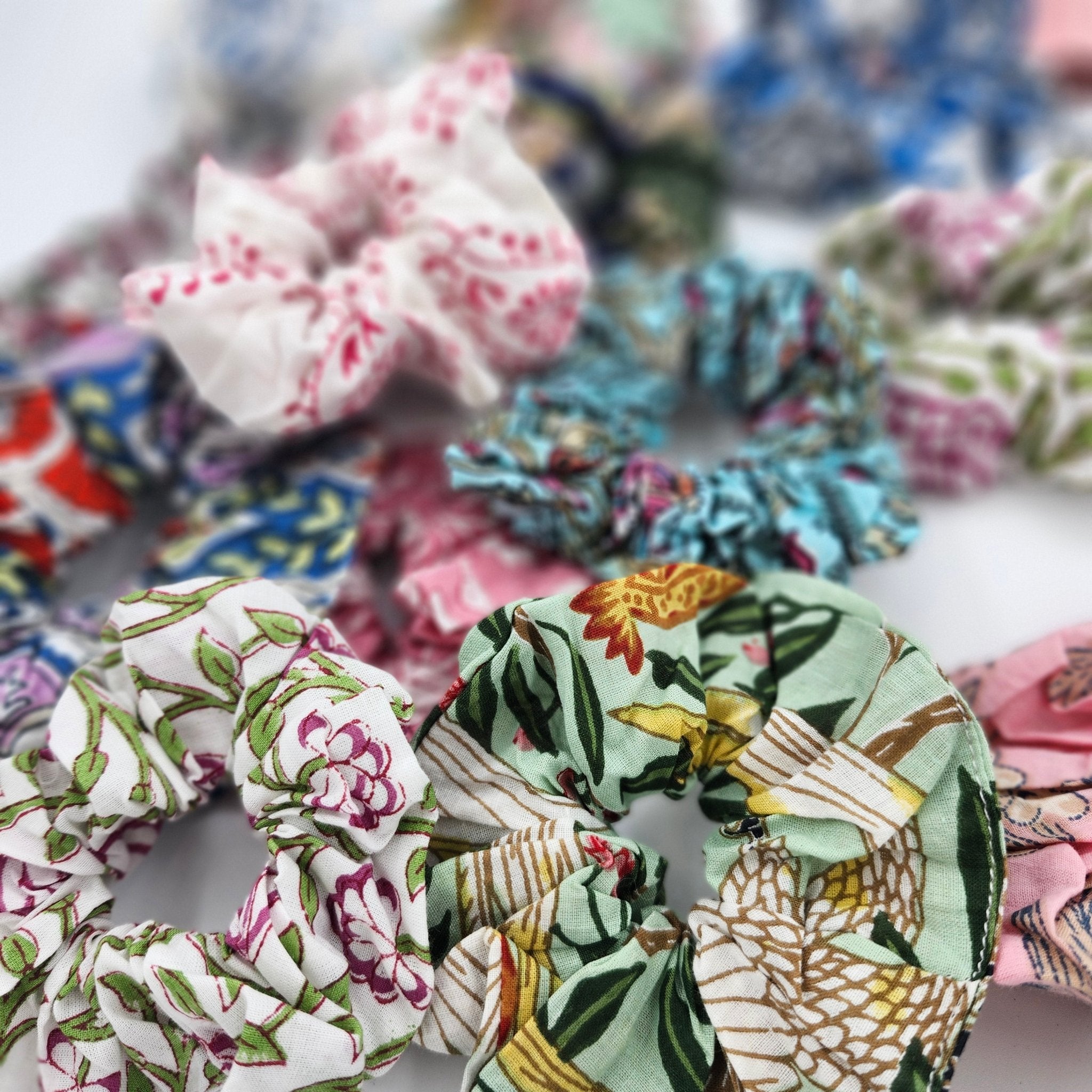 Block printed cotton hair scrunchie in assorted vibrant patterns, soft, breathable and handcrafted