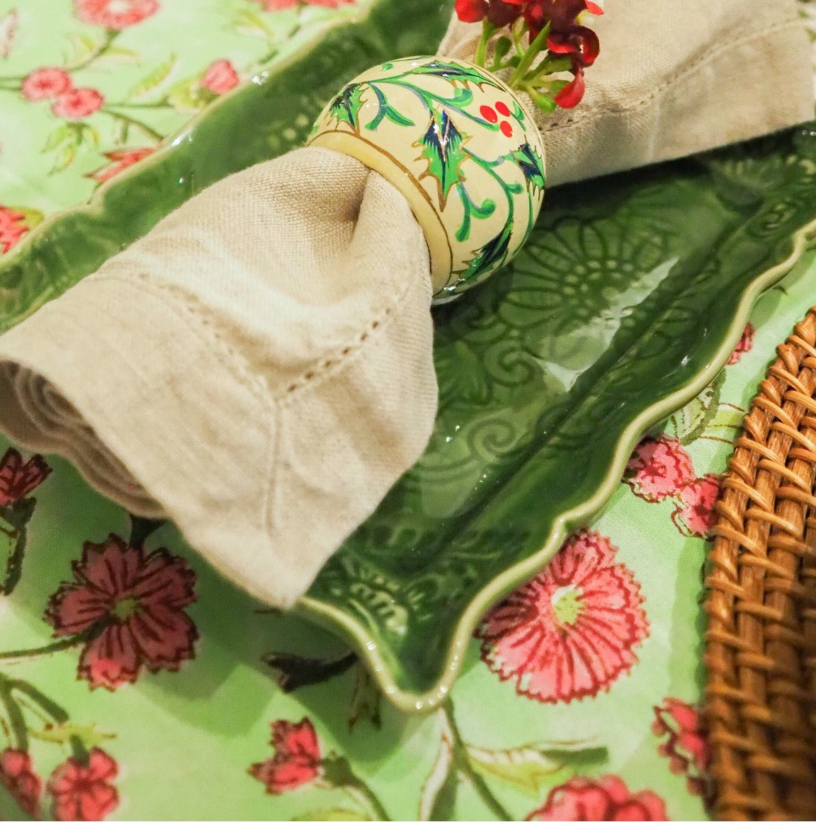 Block Print Tablecloth Floral Mint from Inside Living Singapore, tablecloths. Shown styled in a home setting.