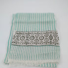 Soft lightweight wool block print scarf with teal stripe, 44 x 84 cm