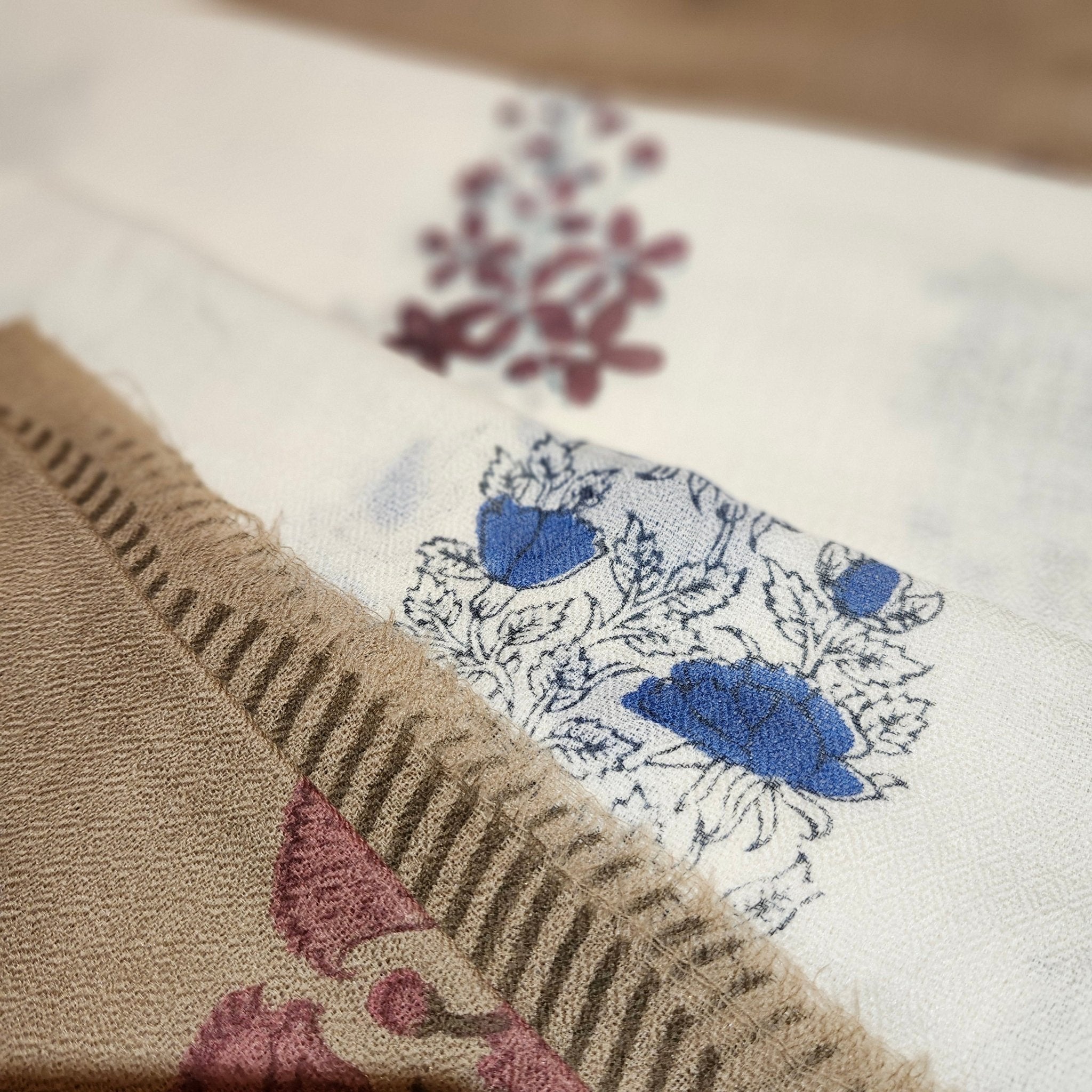 Block printed soft lightweight wool scarf in assorted patterns, 40 x 180 cm, ideal for cool evenings
