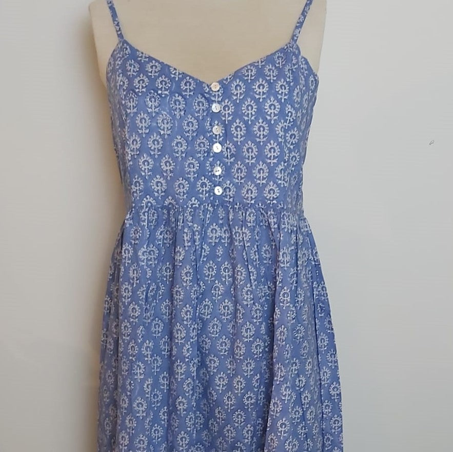 Calf-length floral block print cotton sundress with adjustable straps and elasticated back, one size