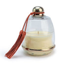 Date-scented soy candle under a bell-shaped glass cloche with terracotta tasselled knob, 12 cm high, 40 hour burn