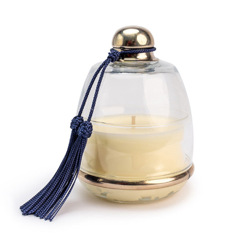 Incense-scented soy candle under a bell-shaped glass cloche with blue tasselled knob, 12 cm high, 40 hour burn