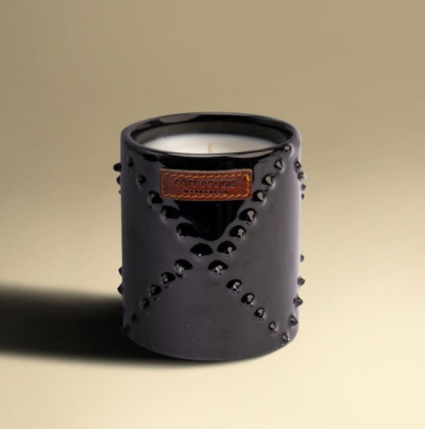 Cedar-scented candle in a hand-glazed black ceramic jar, 7cm diameter, 40 hour burn, made in Marrakech