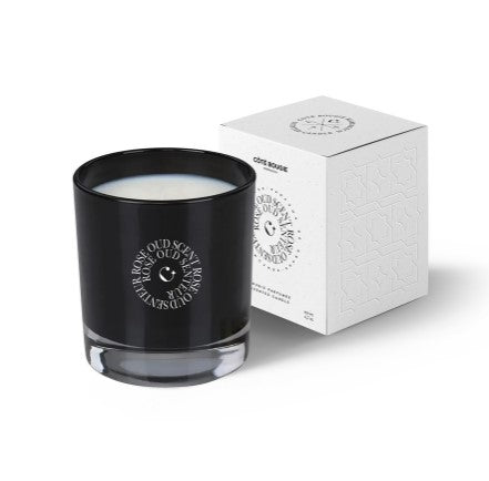 Rose oud scented soy candle in black lacquered glass, 10 x 7 cm, around 50 hours burn time
