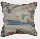 Cushion cover with Mongolian mounted-hunt scene in beige, blue, pink and green, blue piped edge, 50 x 50 cm