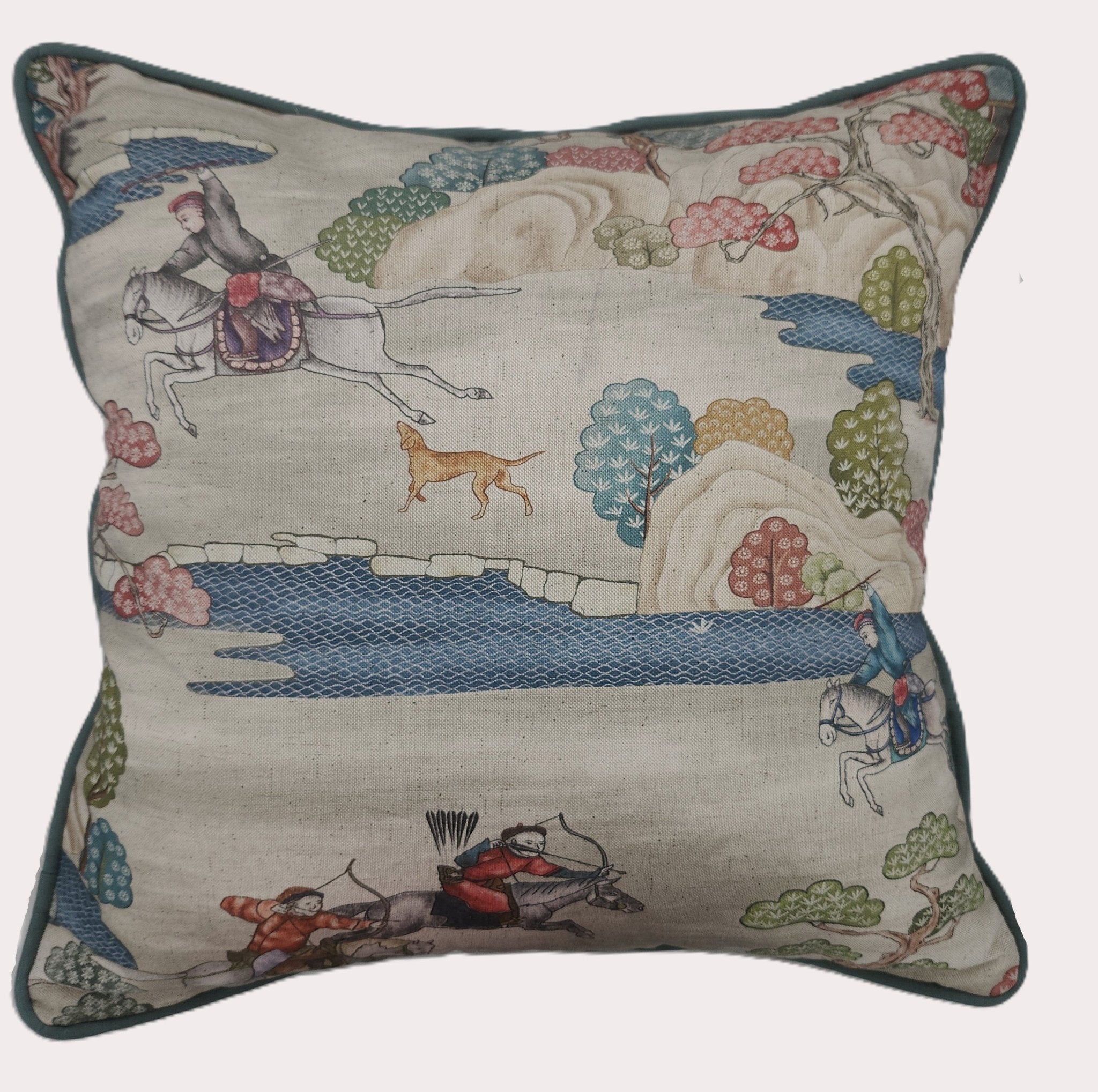 Cushion cover with Mongolian mounted-hunt scene in beige, blue, pink and green, blue piped edge, 50 x 50 cm