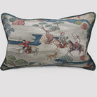 Rectangular cushion cover showing mounted hunters on the Mongolian steppes in beige, blue, pink and green