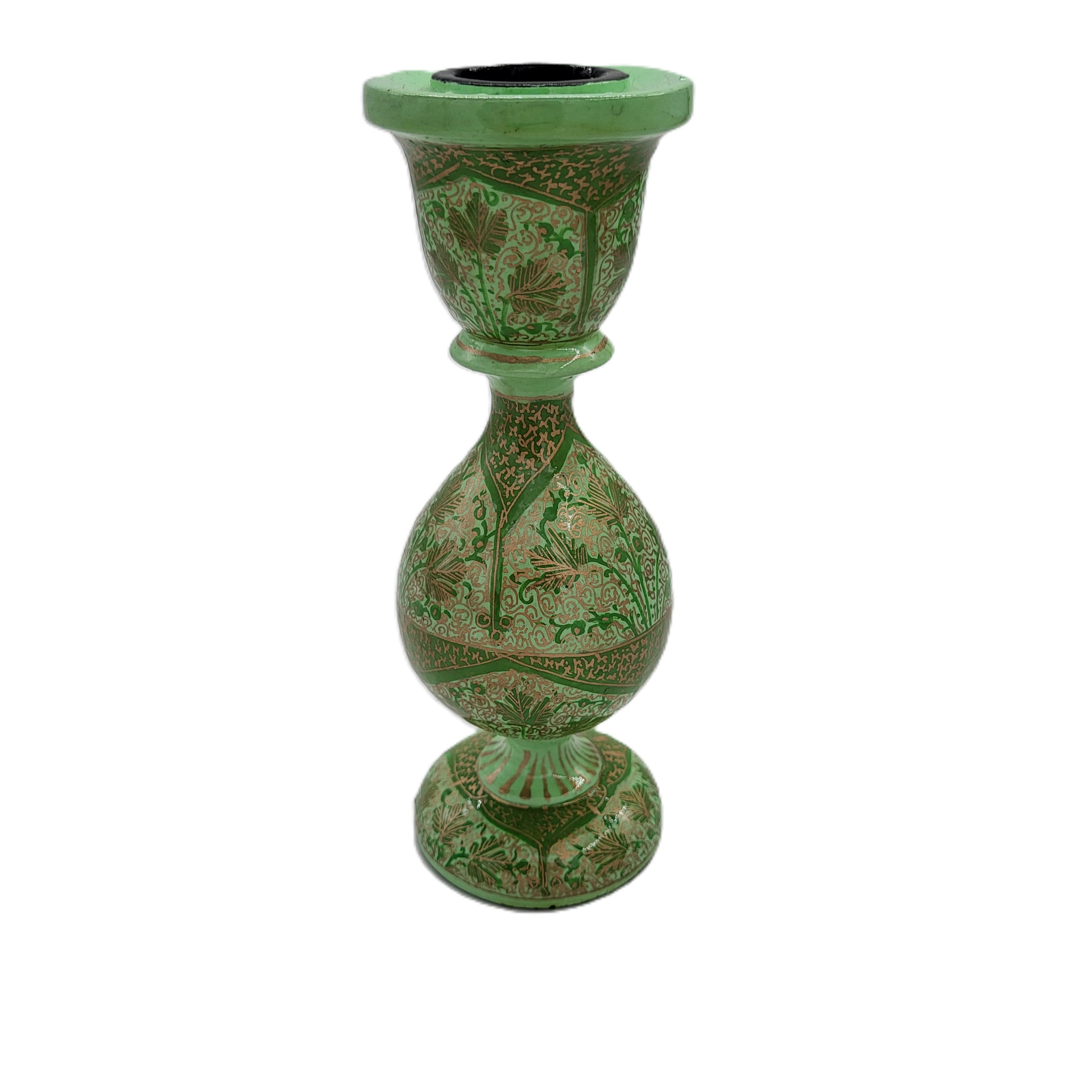 Hand-painted green papier mache candlestick with gold floral detail, around 15 cm tall, made in India