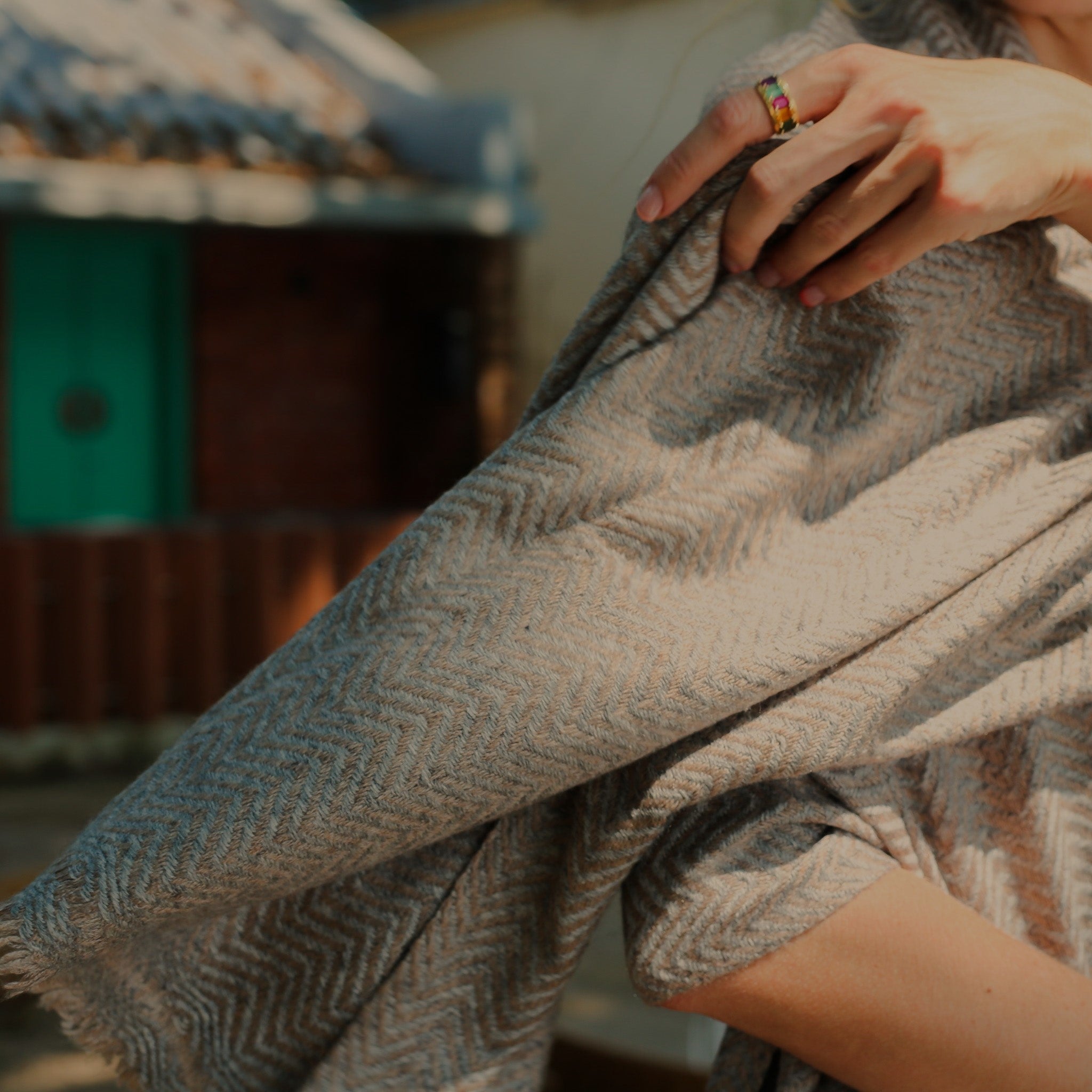 Cashmere Shawl Herringbone: soft woven wrap to wear or layer, from Inside Living Singapore. Alternative angle.