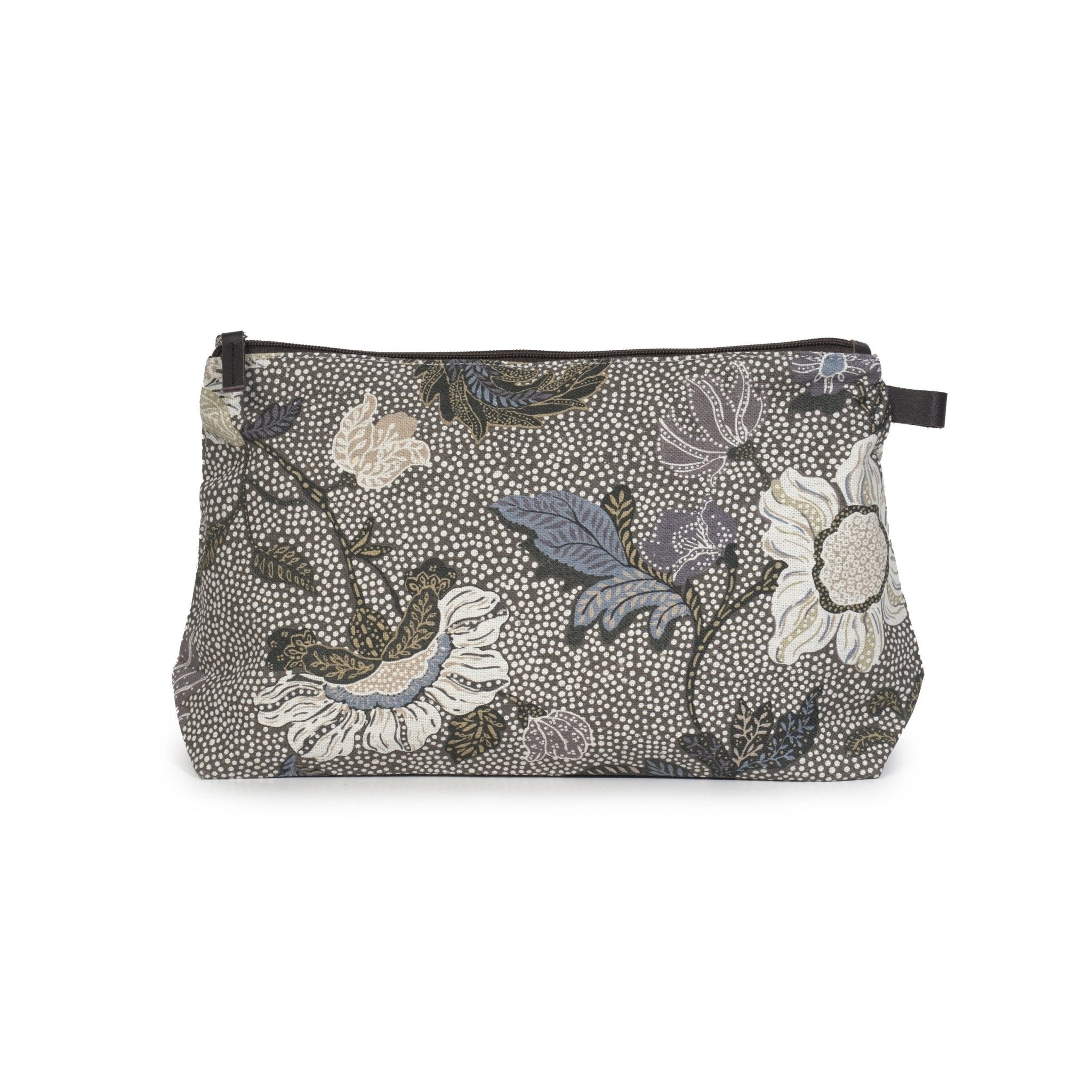 Cosmetic Bag Flower Linen Khaki from Inside Living Singapore, cosmetic & toiletry bags. Shown styled in a home setting.