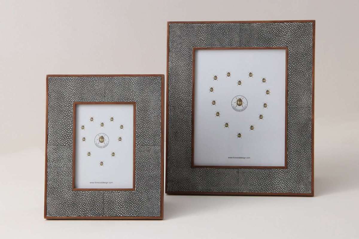 Classic photo frame in charcoal faux shagreen with polished walnut back, fits 5 x 7 or 8 x 10 inch photos