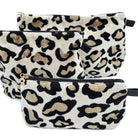 Leopard print velvet cosmetic bag with black lining and paw charm zip, available in three sizes