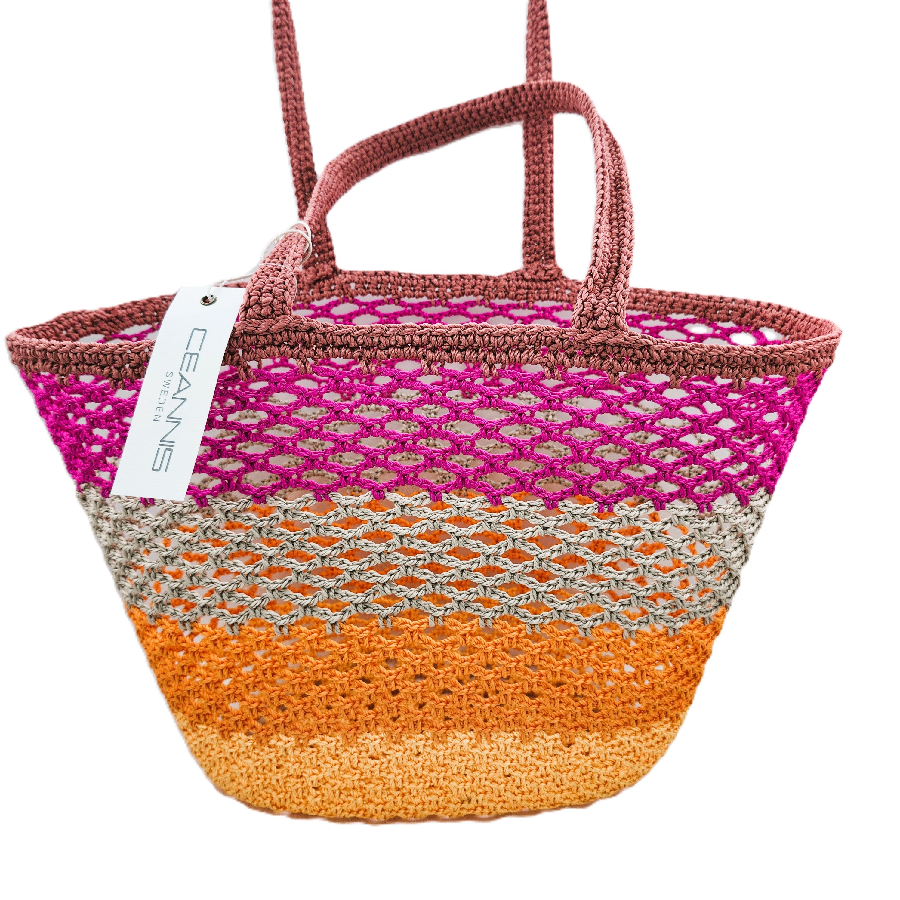 Crochet storage basket in water-resistant woven polyester with summery pink and orange stripes, 43 x 29 x 15cm