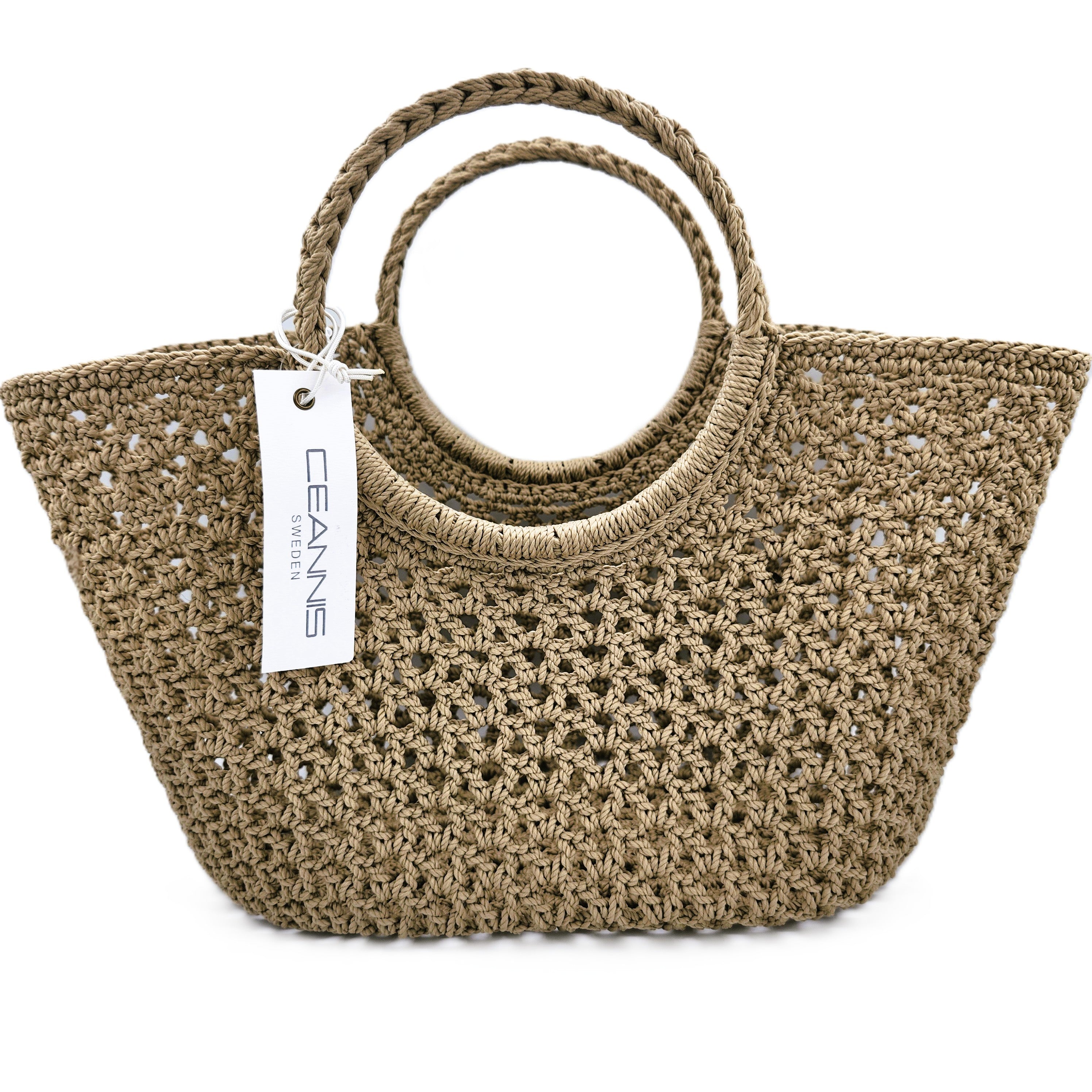 Crochet shoulder bag in water-resistant woven polyester in taupe, roomy patterned design, 42 x 22 x 15cm