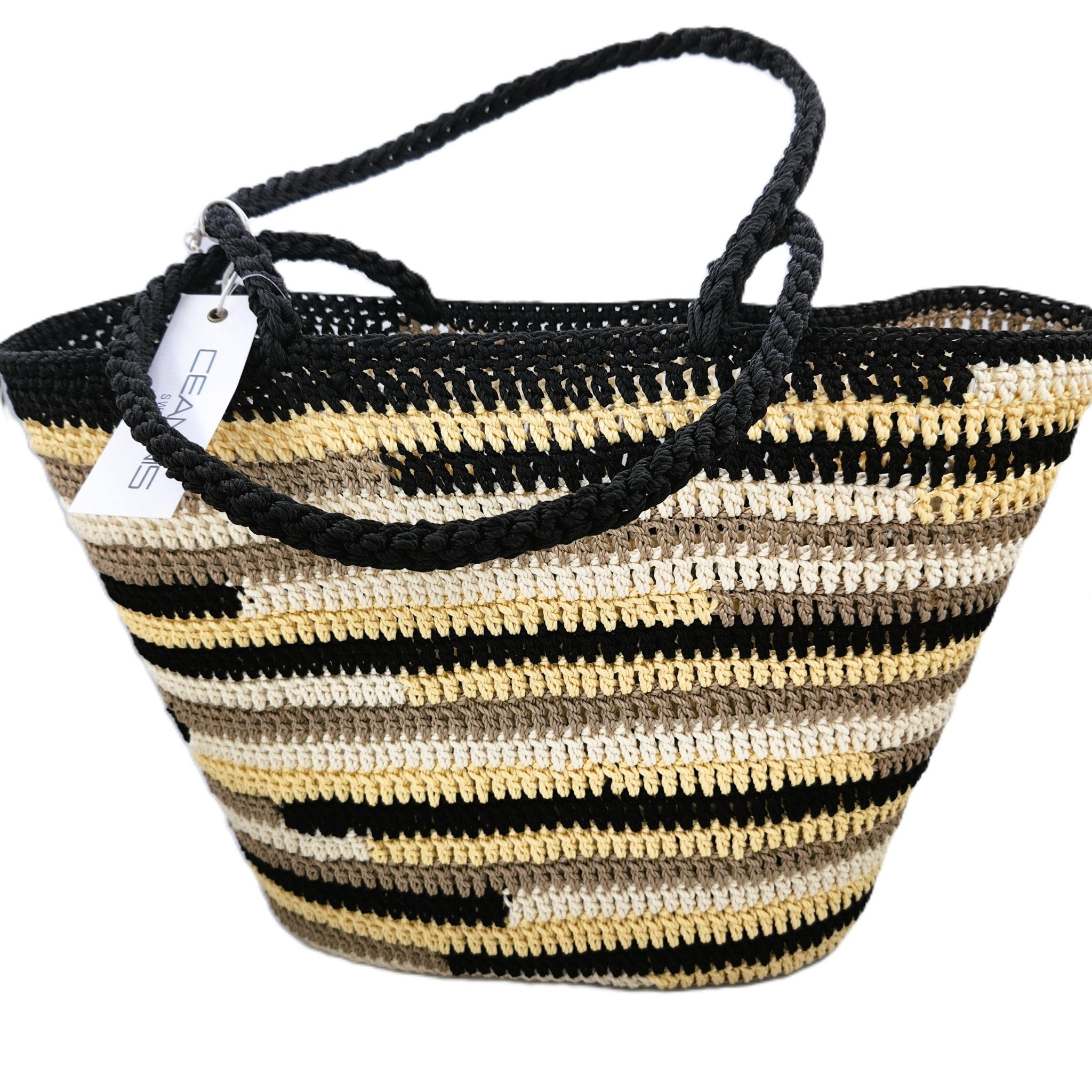 Crochet storage basket in water-resistant woven polyester with zebra-colour stripes, 43 x 29 x 15cm