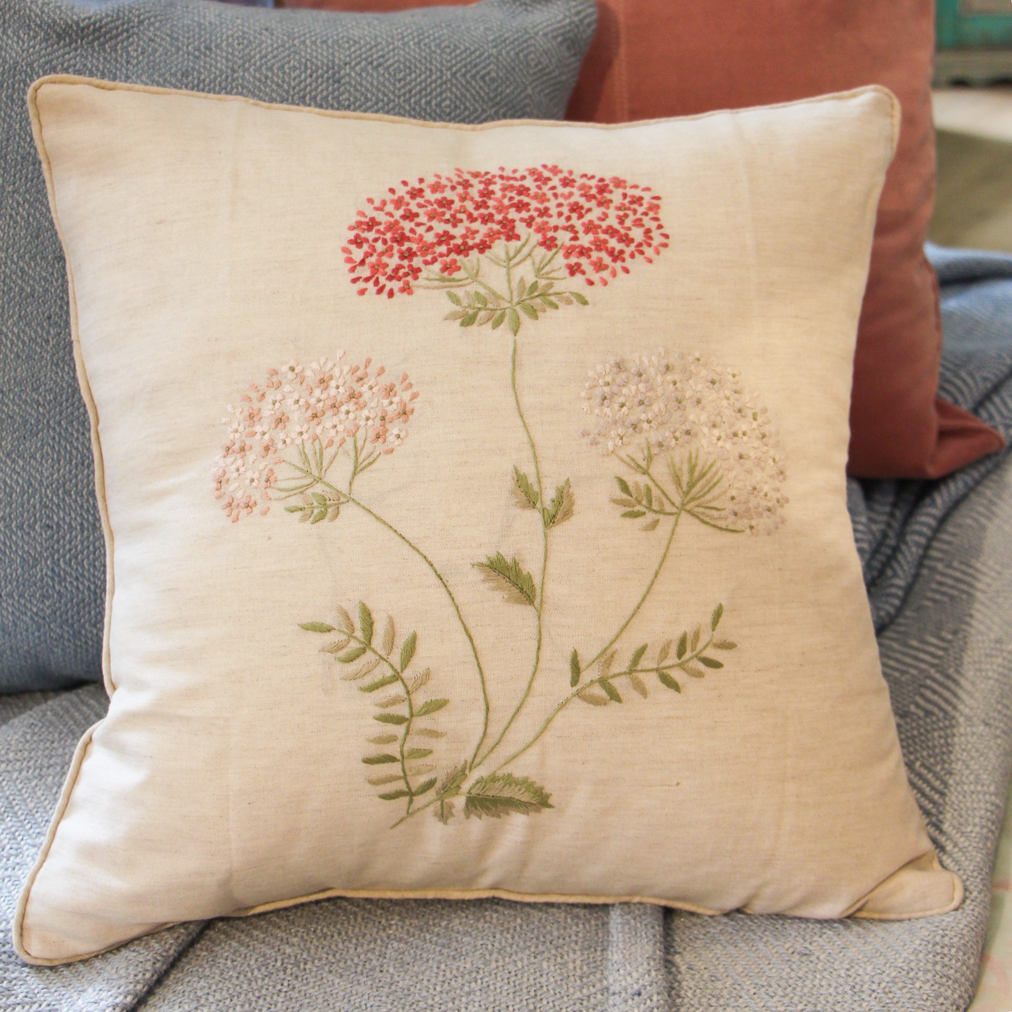 Hand-embroidered linen cushion cover with a spring blossom pattern, 45 x 45 cm, made in Vietnam