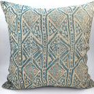 Handwoven linen and silk cushion with a geometric pattern in sage and turquoise, 45 x 45 cm