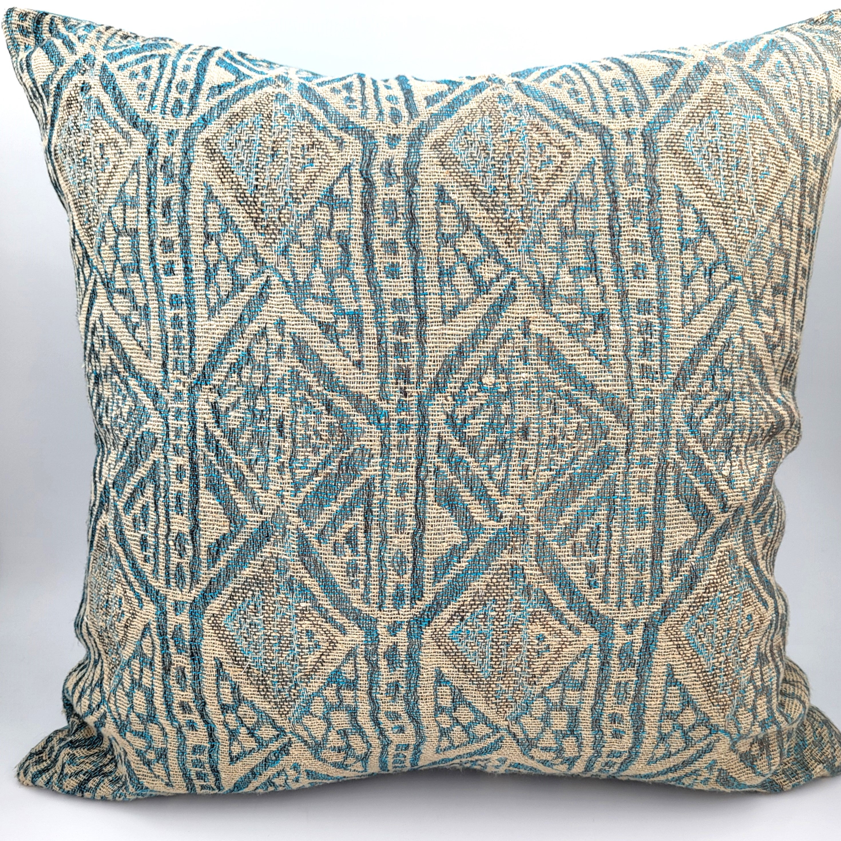 Handwoven linen and silk cushion with a geometric pattern in sage and turquoise, 45 x 45 cm