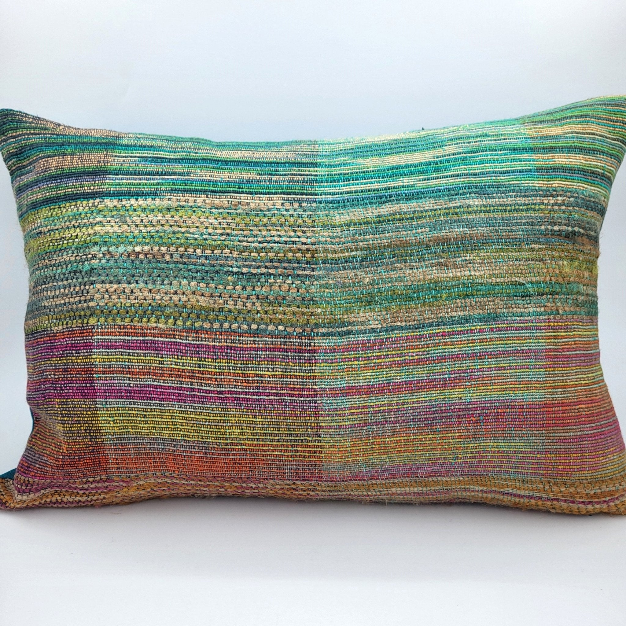 Handwoven Cushion Rainbow: handwoven decorative cushion for sofa or bed, from Inside Living Singapore. Alternative angle.